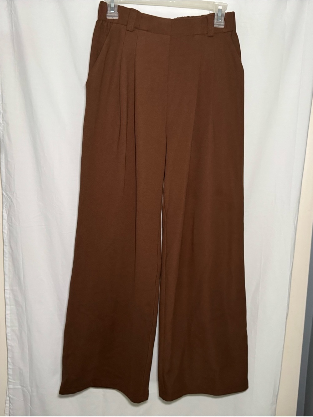 Fleece Lined Wide Leg Pleated Trouser Pants Size S Brown
